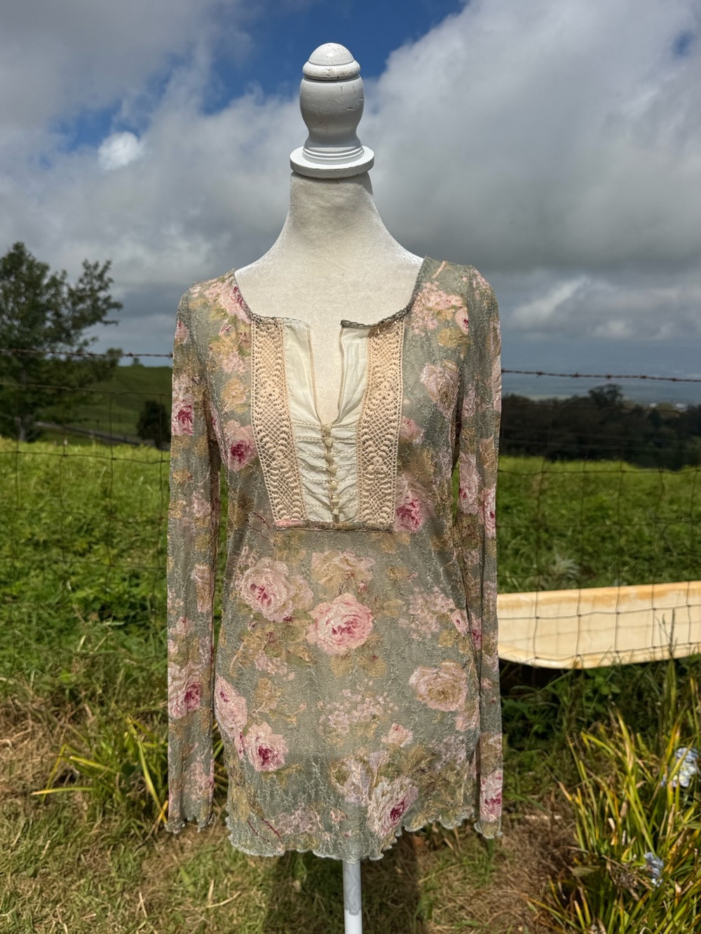 Denim & Supply Ralph Lauren Floral Sheer Lace Top Henley T-Shirt Vtg Y2K Fairy L